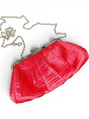 Evening Purse Clutch Coral Pink Pleated Satin Fabric by Bellezza Silver Chain